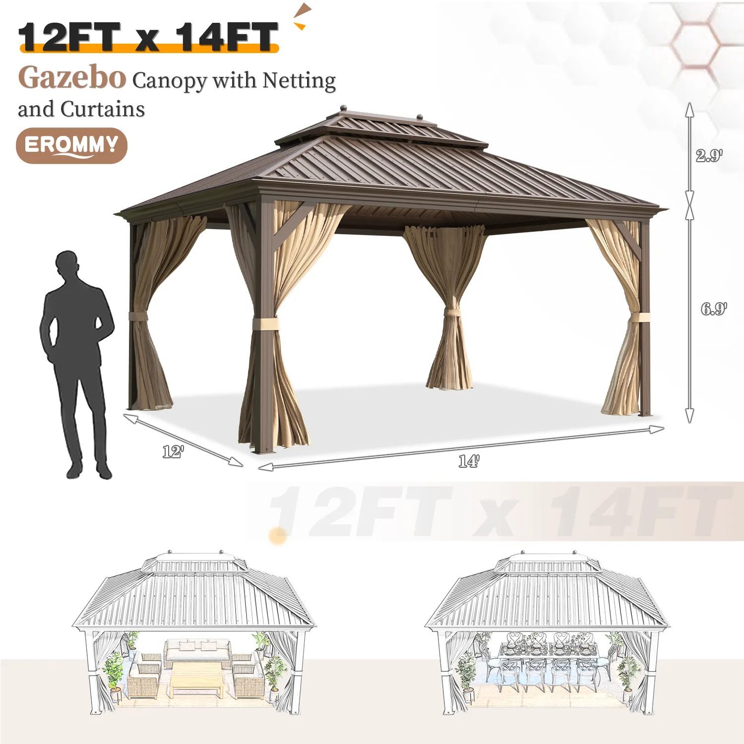 EROMMY 12X14 Hardtop Gazebo with Canopy for Poolside and Outdoor
