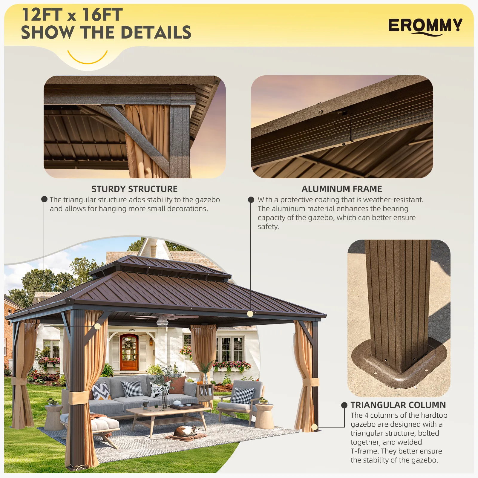 EROMMY 12X16 Hardtop Gazebo with Netting for Outdoor