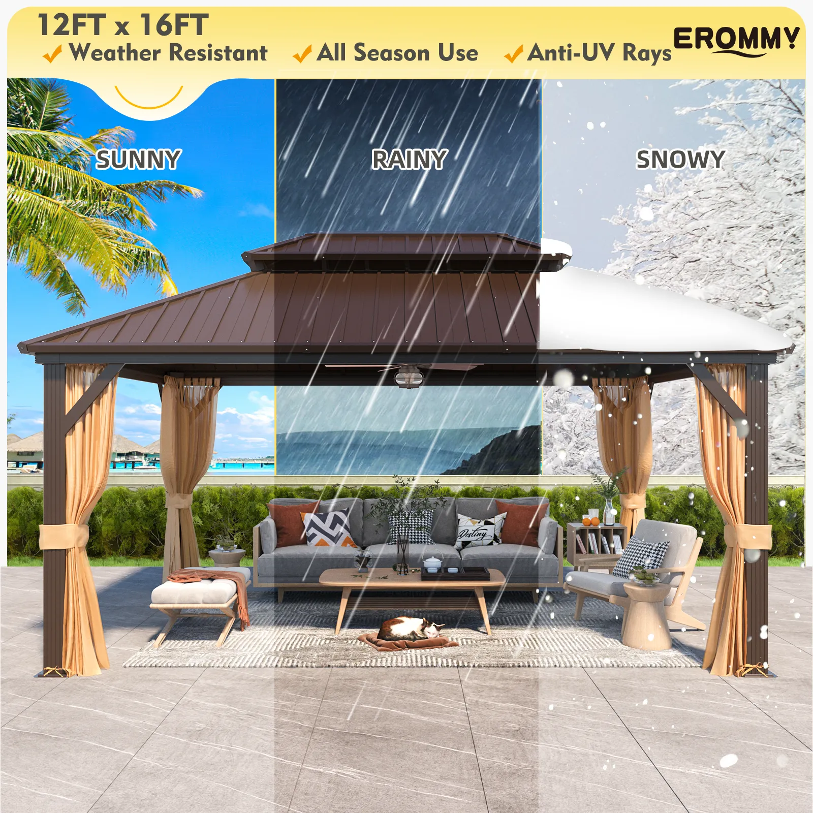 EROMMY 12X16 Hardtop Gazebo with Netting for Outdoor