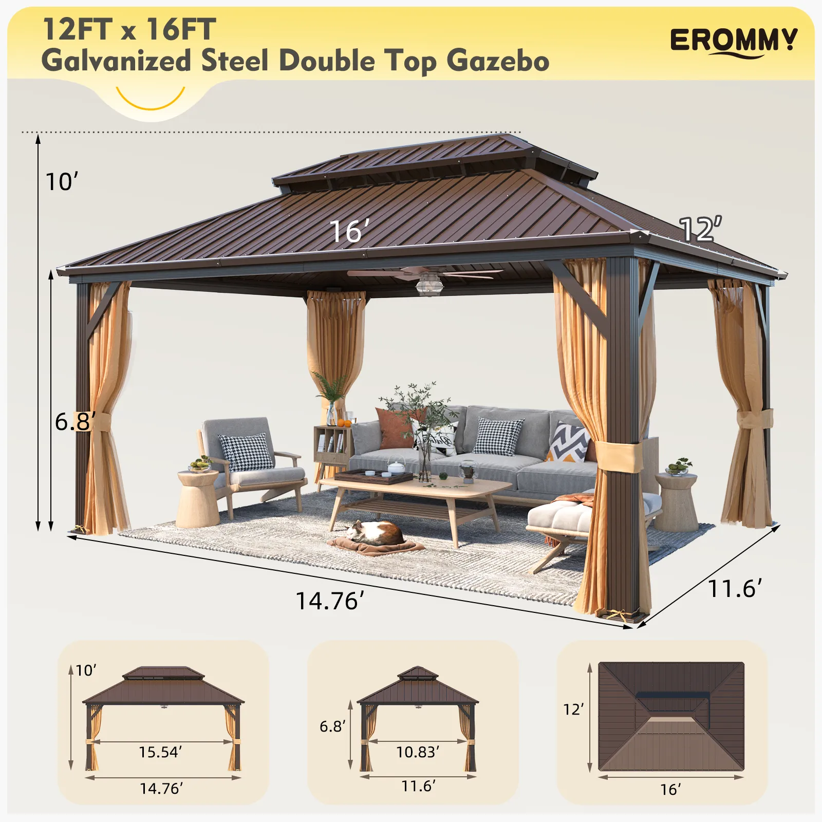 EROMMY 12X16 Hardtop Gazebo with Netting for Outdoor