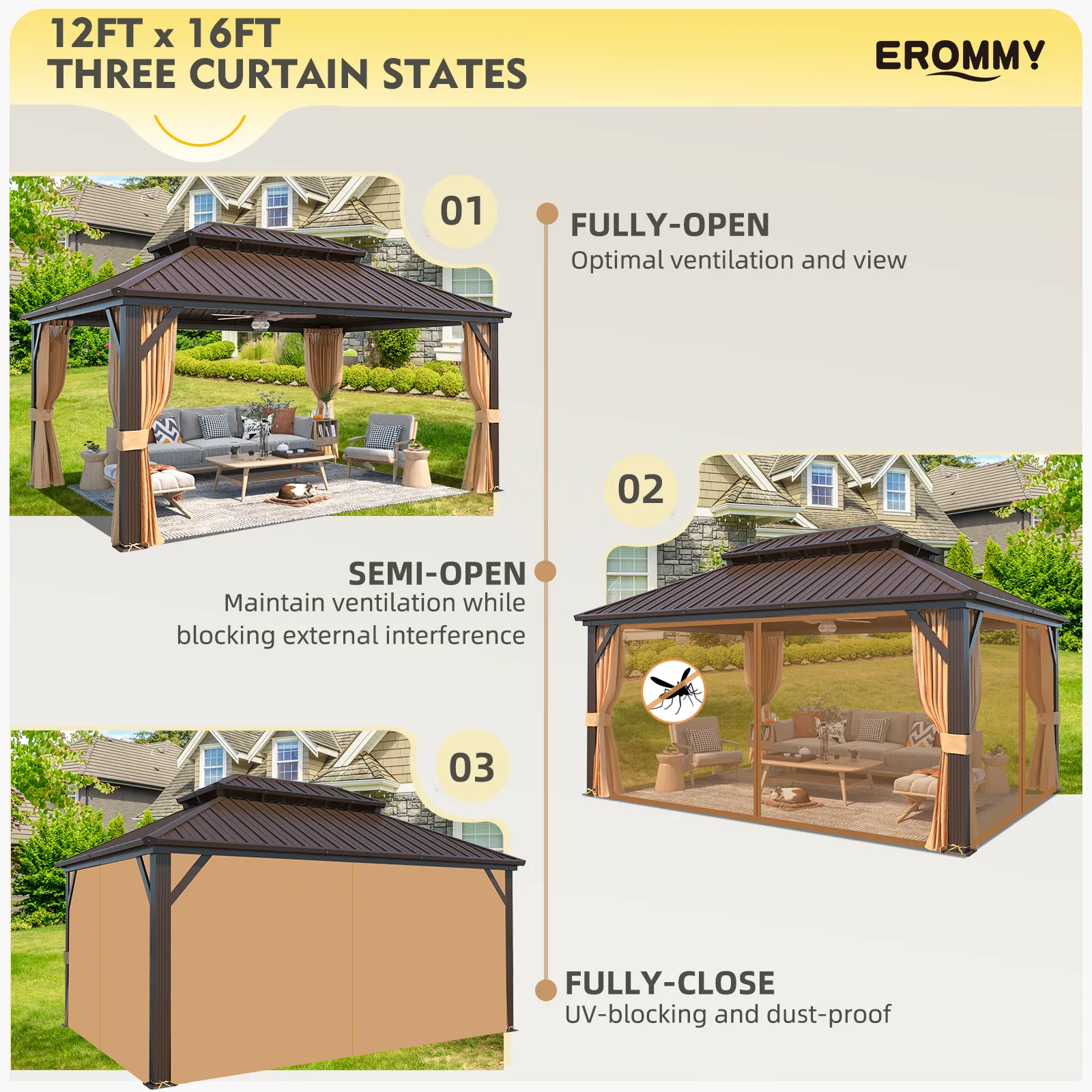 EROMMY 12X16 Hardtop Gazebo with Netting for Outdoor