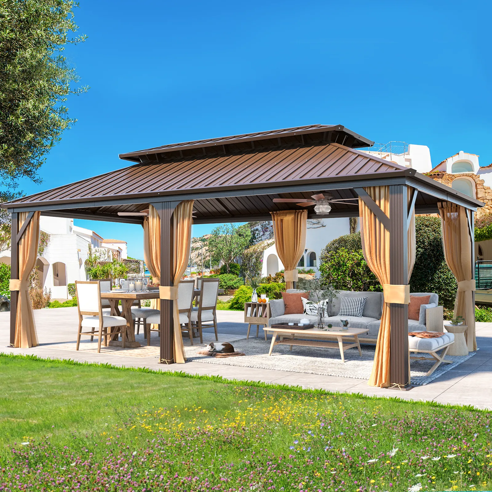 EROMMY 12X20 Hardtop Grill Gazebo with Netting and Sides