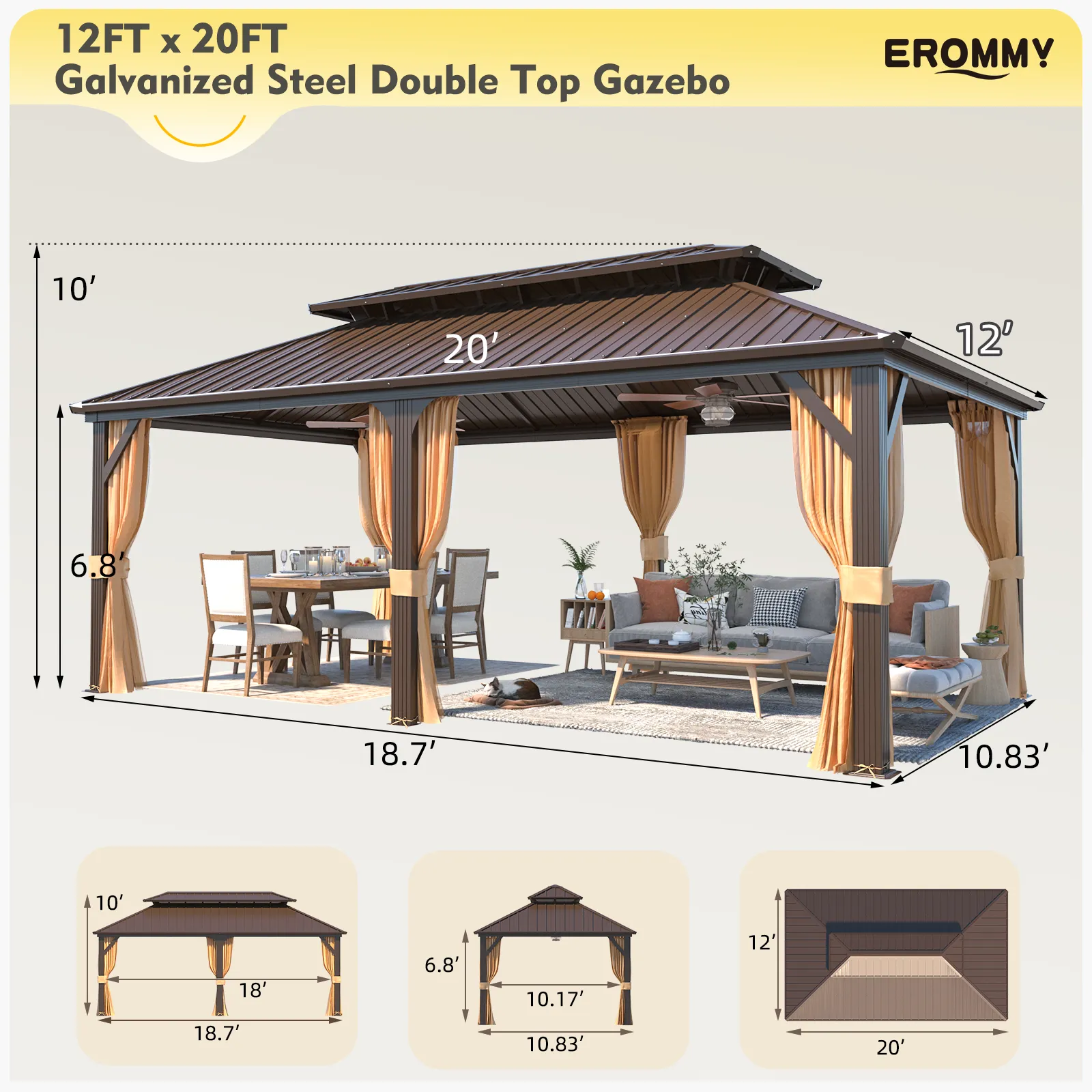 EROMMY 12X20 Hardtop Grill Gazebo with Netting and Sides