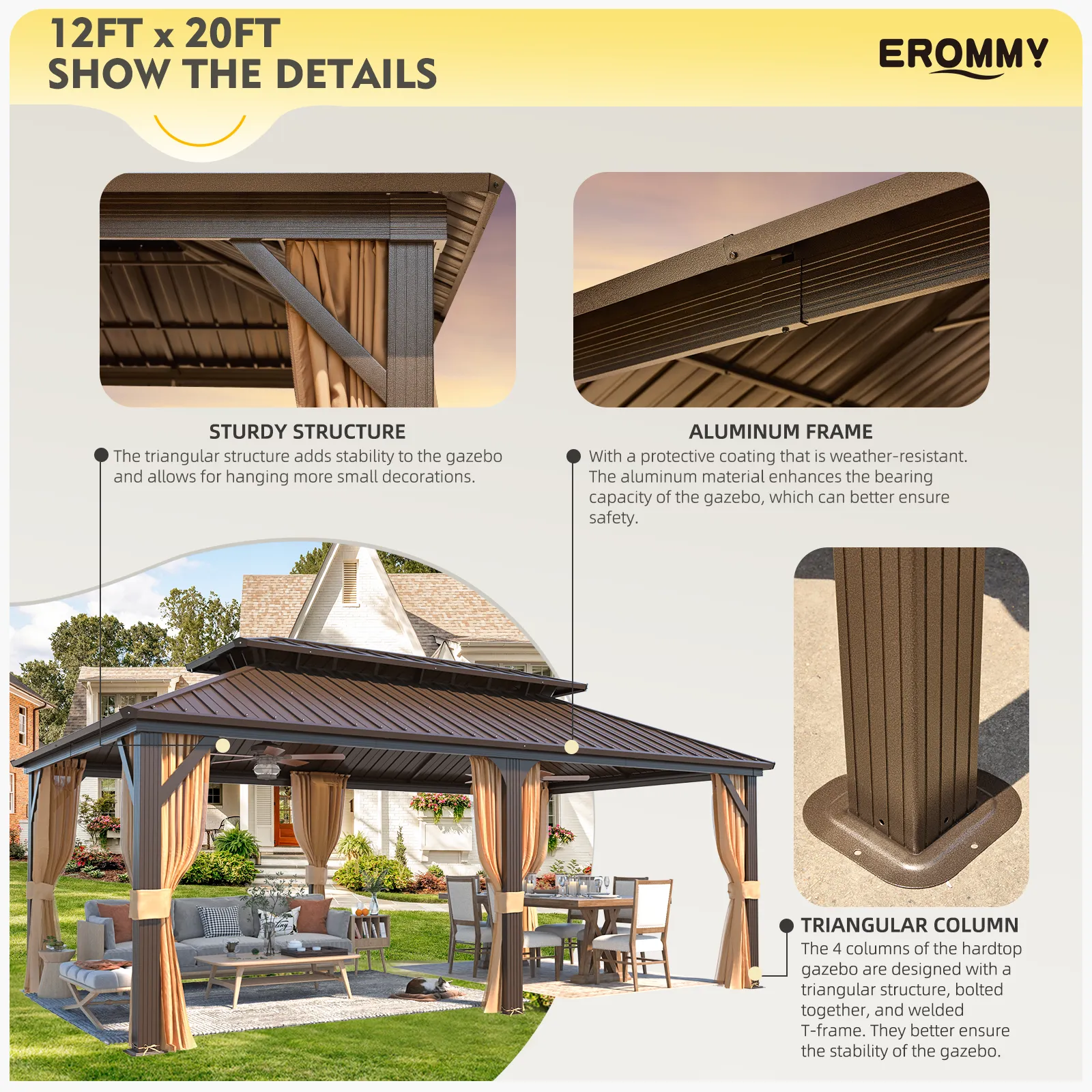 EROMMY 12X20 Hardtop Grill Gazebo with Netting and Sides