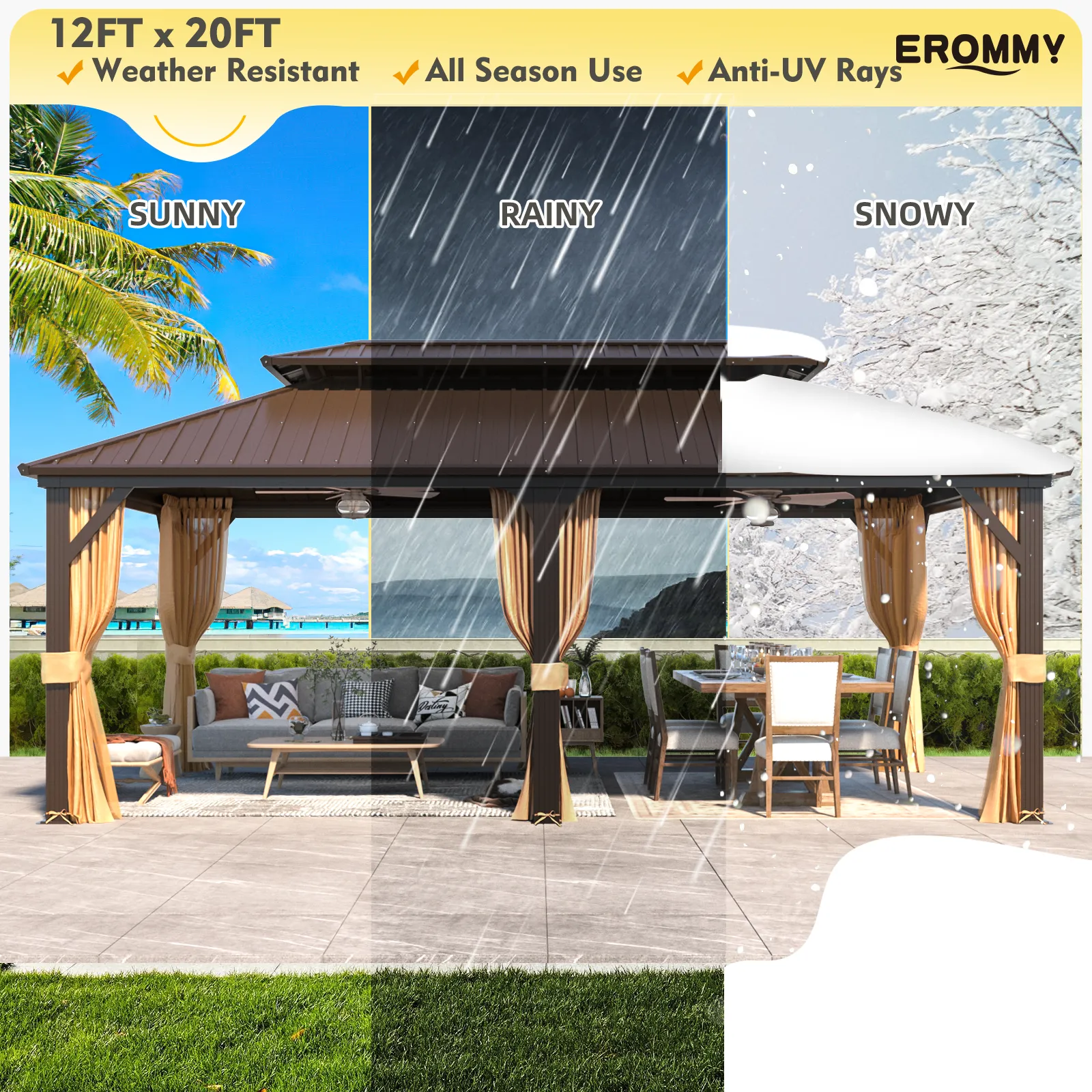 EROMMY 12X20 Hardtop Grill Gazebo with Netting and Sides