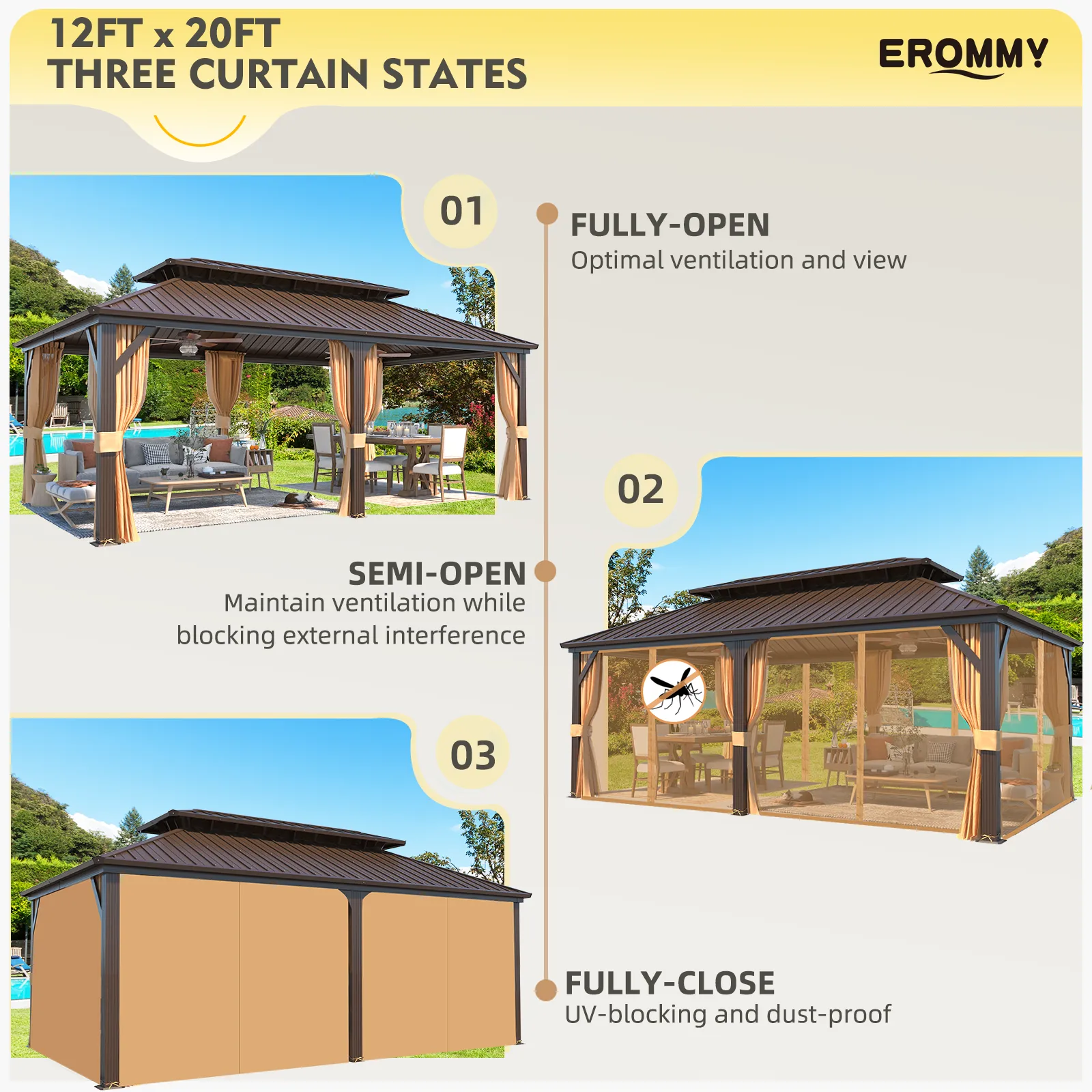EROMMY 12X20 Hardtop Grill Gazebo with Netting and Sides