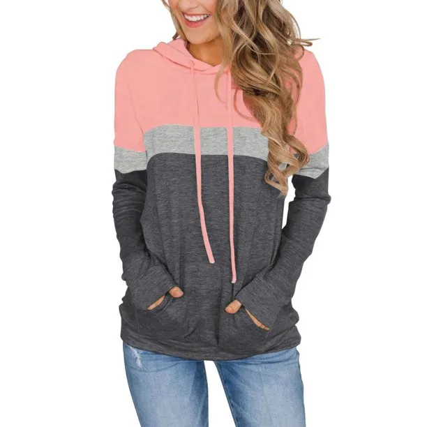 Fantaslook Womens Casual Color Block Hoodies Tops Long Sleeve Drawstring Pullover Sweatshirts with Pocket