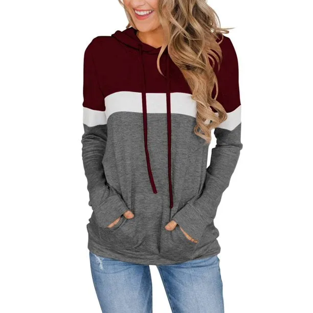 Fantaslook Womens Casual Color Block Hoodies Tops Long Sleeve Drawstring Pullover Sweatshirts with Pocket