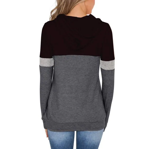 Fantaslook Womens Casual Color Block Hoodies Tops Long Sleeve Drawstring Pullover Sweatshirts with Pocket