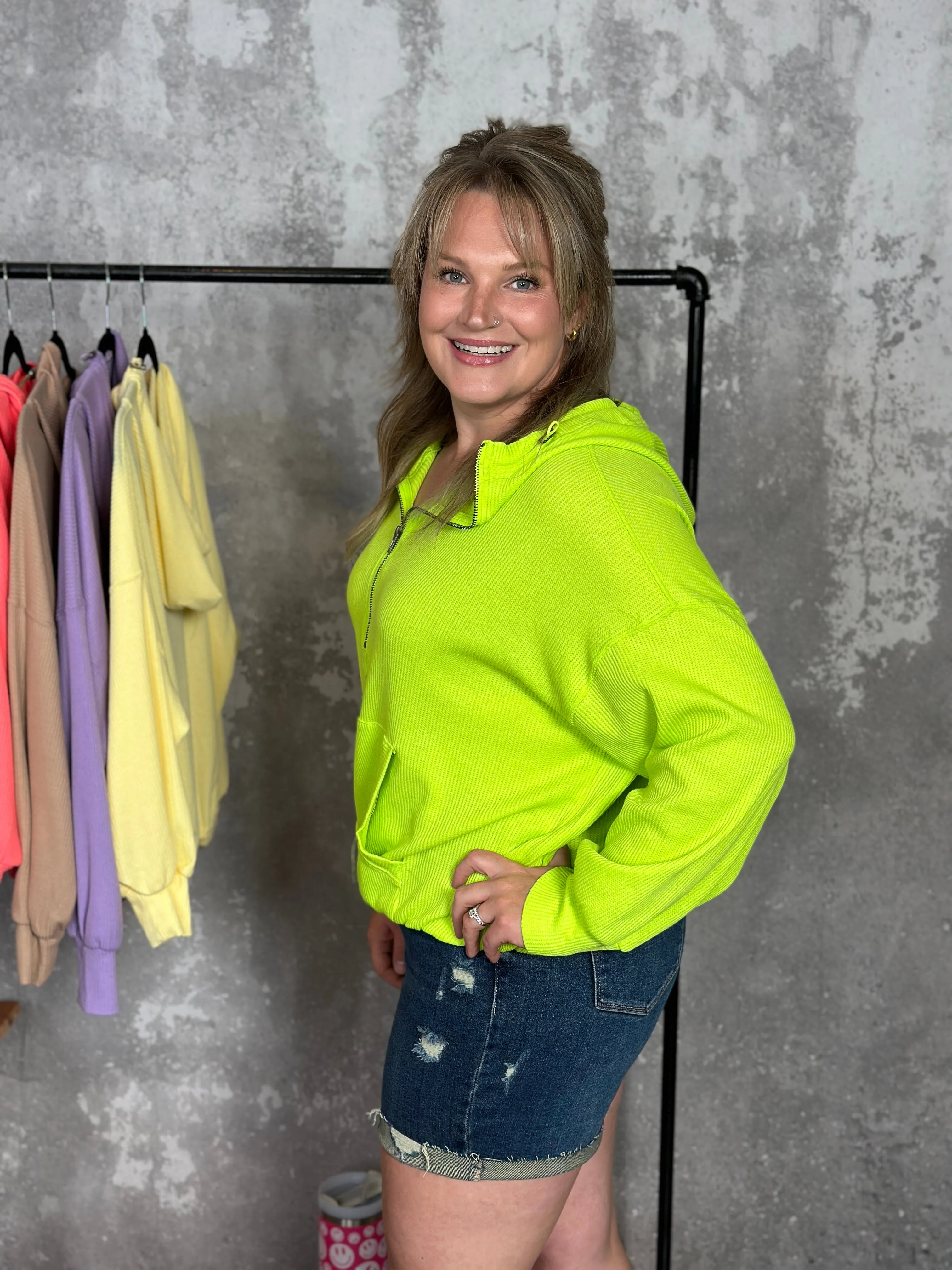 Lightweight Waffle Bomber Sweatshirt with Hood - Neon Green - FINAL SALE