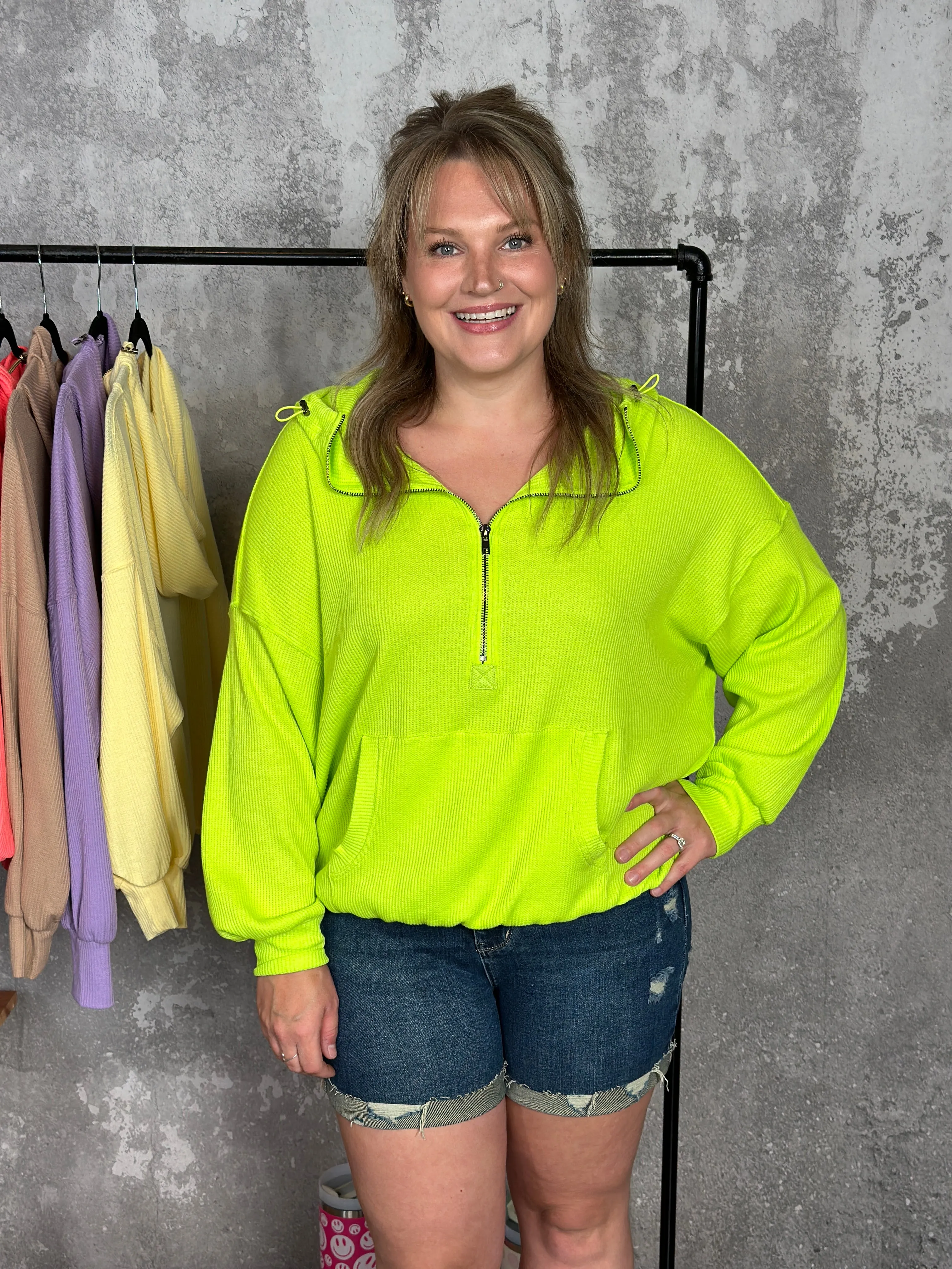 Lightweight Waffle Bomber Sweatshirt with Hood - Neon Green - FINAL SALE