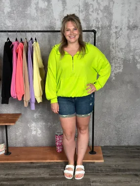 Lightweight Waffle Bomber Sweatshirt with Hood - Neon Green - FINAL SALE