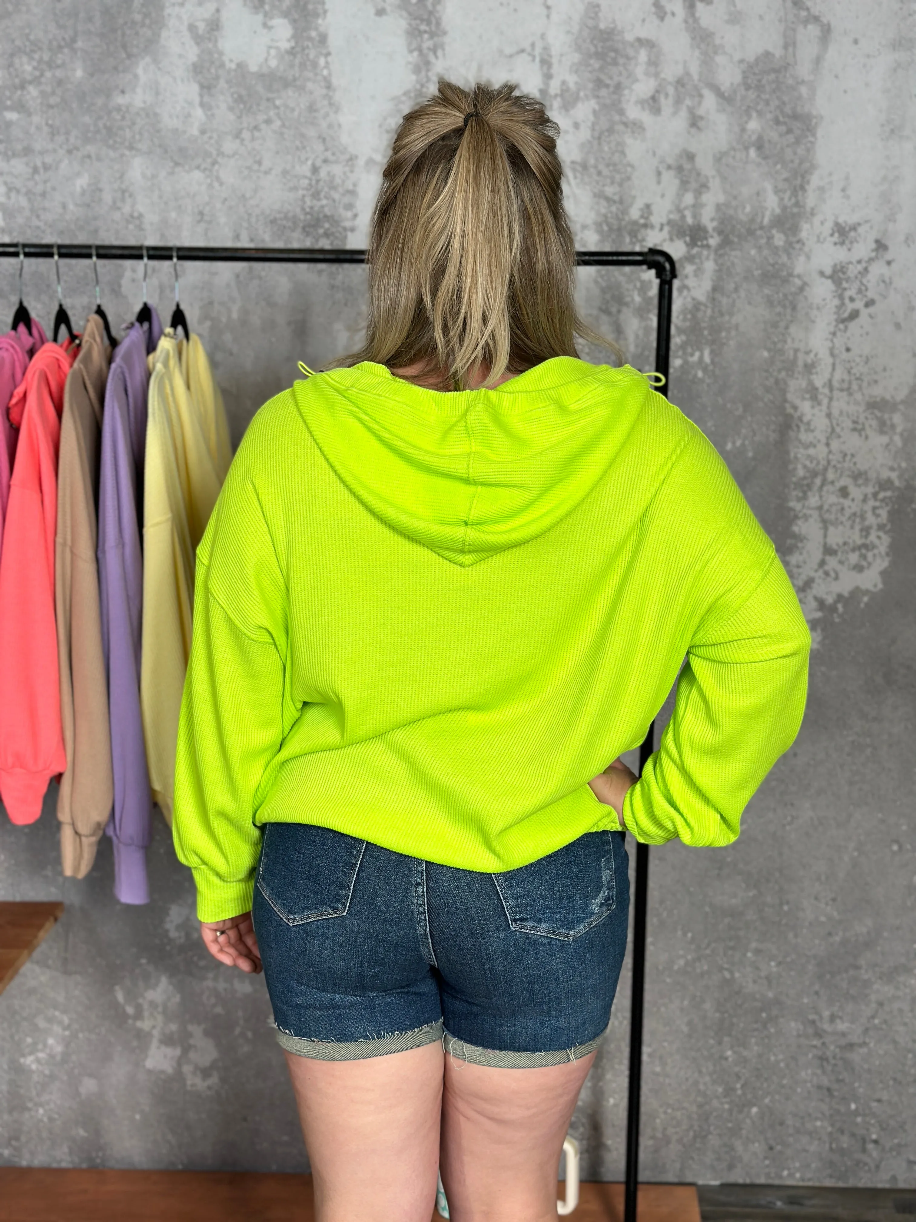 Lightweight Waffle Bomber Sweatshirt with Hood - Neon Green - FINAL SALE