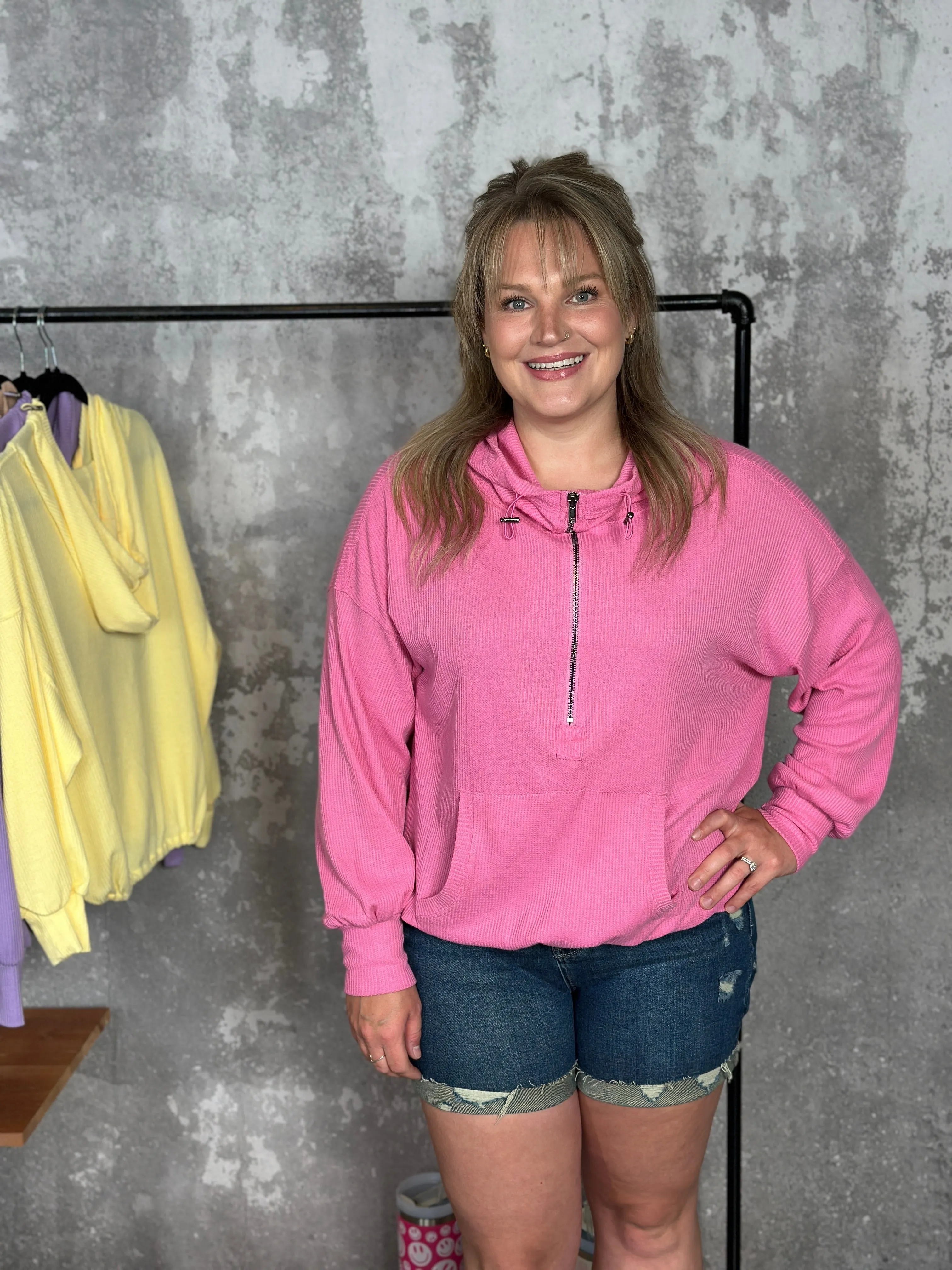 Lightweight Waffle Bomber Sweatshirt with Hood - Pink - FINAL SALE
