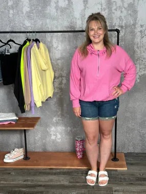Lightweight Waffle Bomber Sweatshirt with Hood - Pink - FINAL SALE