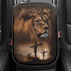 Lion Crown Of Thorn Jesus On The Cross Seat Box Cover, Lion Car Center Console Cover, Christian Car Interior Accessories