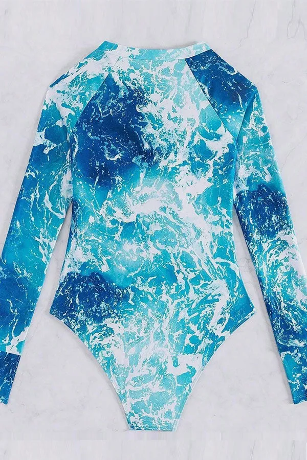 Printed Half Zipper Long Sleeve One-piece Swimsuit UPF50  Rash Guard