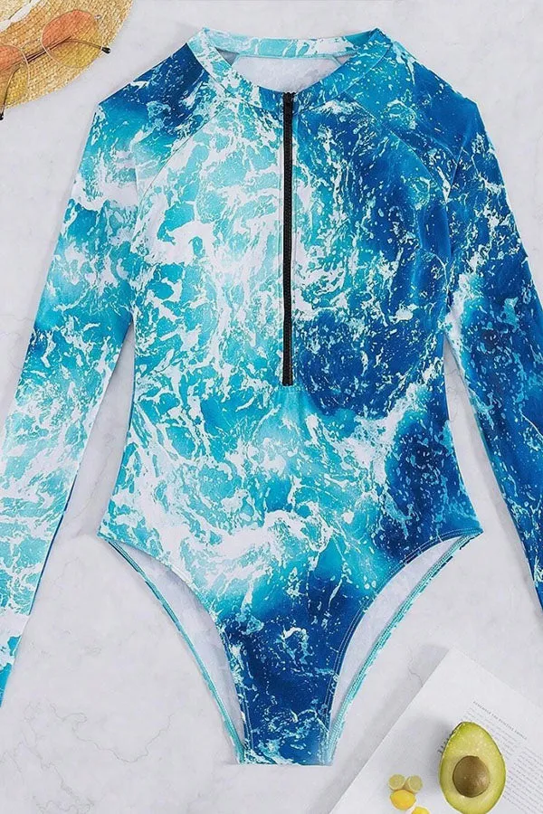 Printed Half Zipper Long Sleeve One-piece Swimsuit UPF50  Rash Guard