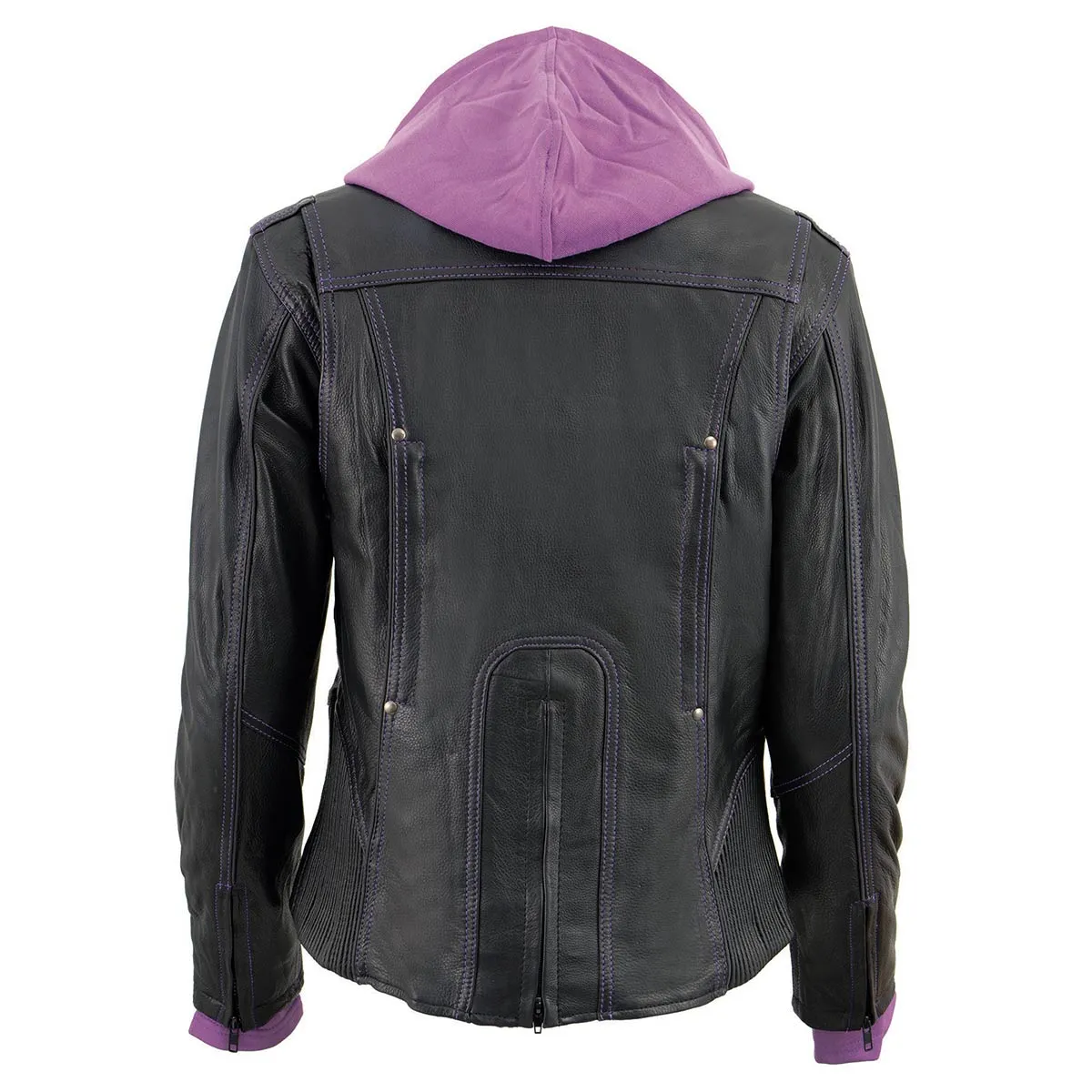 Purple ML2067 Women's 3/4 Black and Purple Leather Hoodie Jacket with Reflective Tribal Design