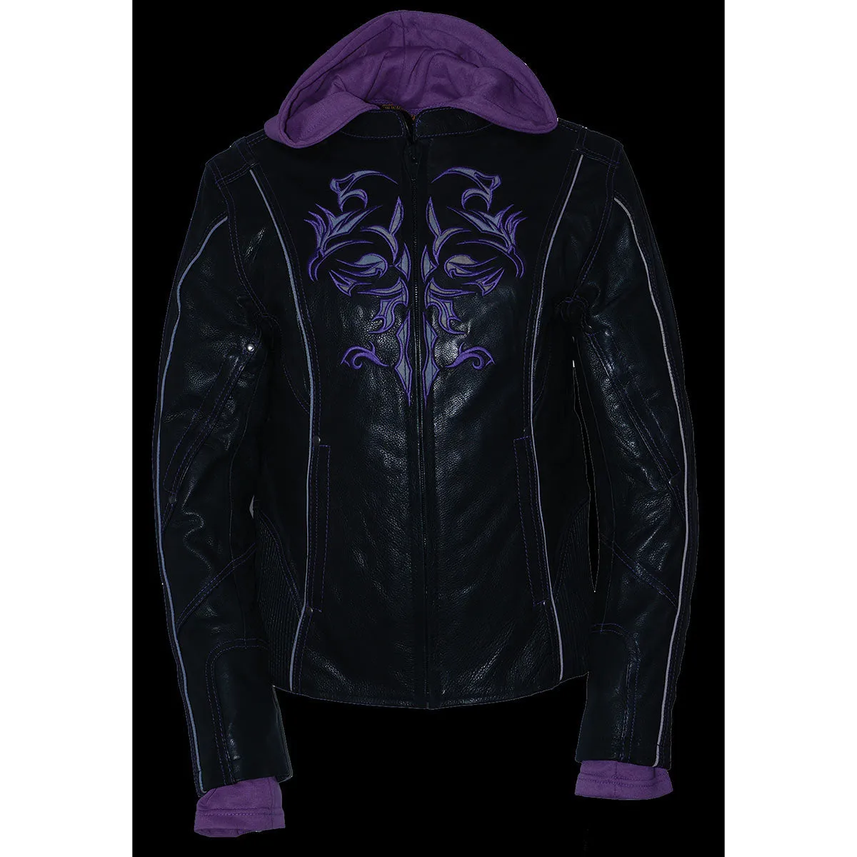 Purple ML2067 Women's 3/4 Black and Purple Leather Hoodie Jacket with Reflective Tribal Design