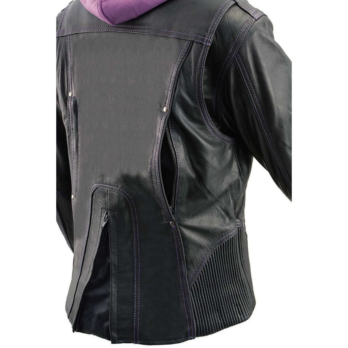 Purple ML2067 Women's 3/4 Black and Purple Leather Hoodie Jacket with Reflective Tribal Design