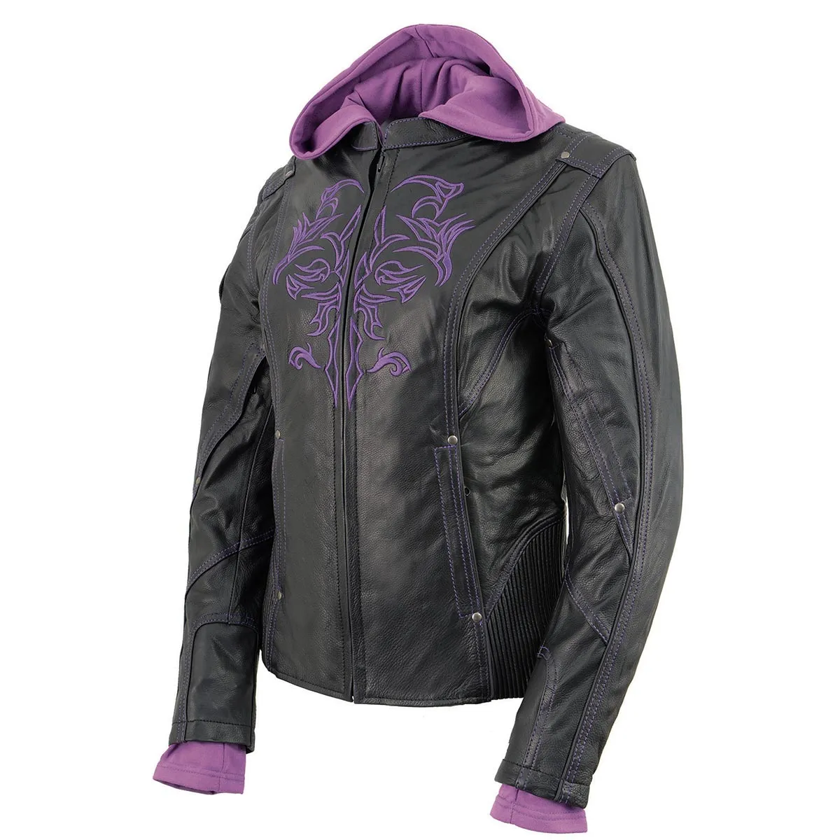 Purple ML2067 Women's 3/4 Black and Purple Leather Hoodie Jacket with Reflective Tribal Design
