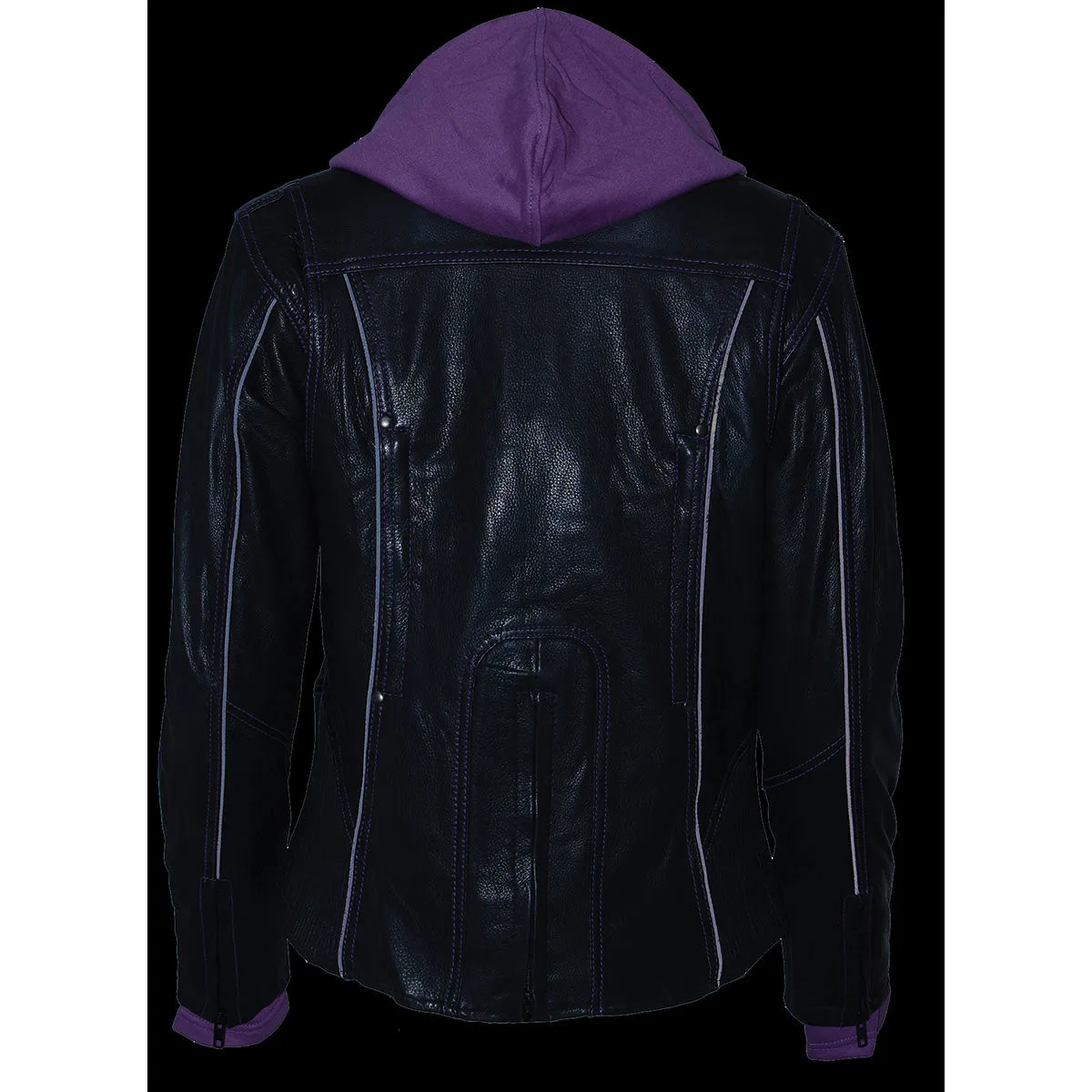 Purple ML2067 Women's 3/4 Black and Purple Leather Hoodie Jacket with Reflective Tribal Design