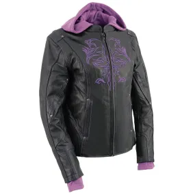 Purple ML2067 Women's 3/4 Black and Purple Leather Hoodie Jacket with Reflective Tribal Design