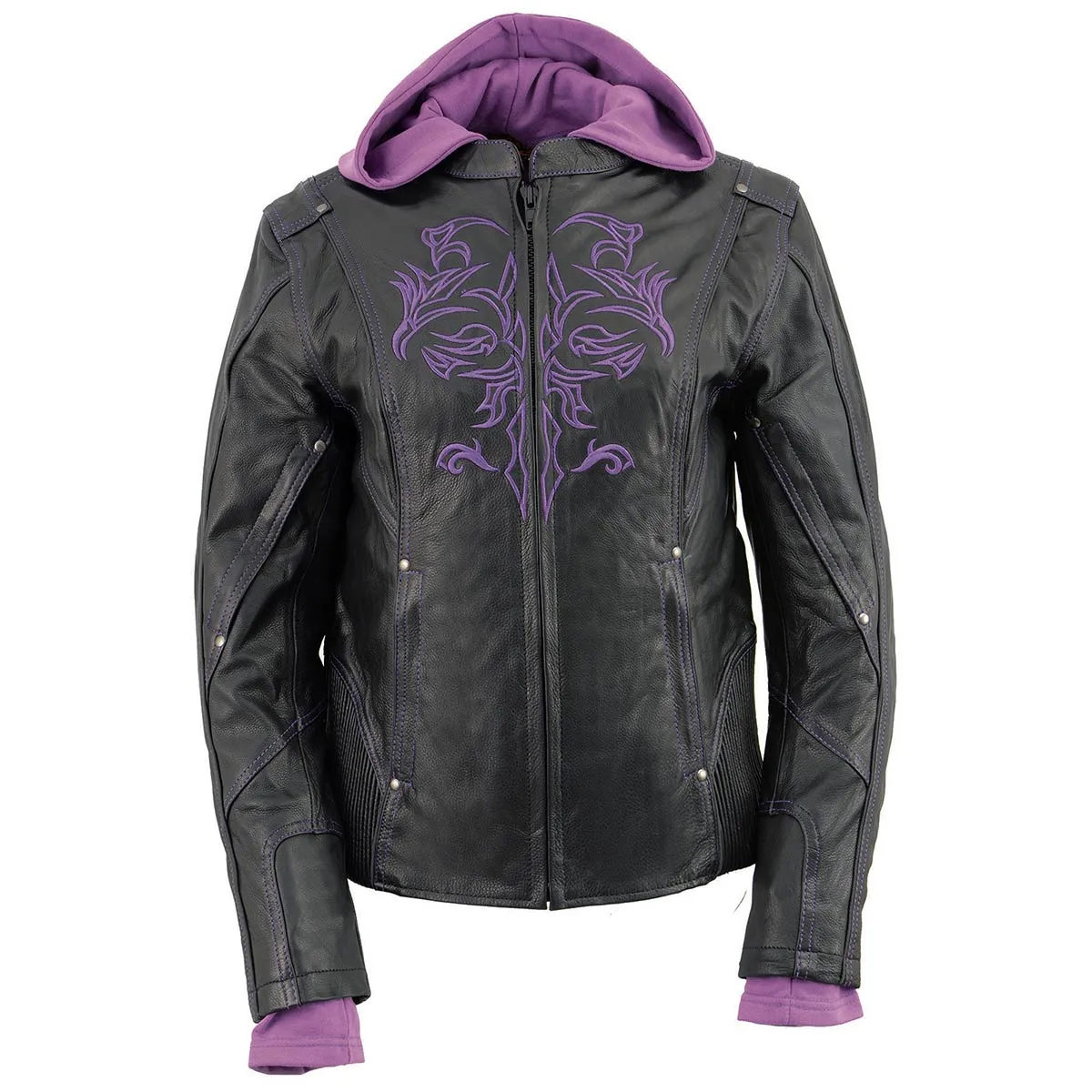 Purple ML2067 Women's 3/4 Black and Purple Leather Hoodie Jacket with Reflective Tribal Design