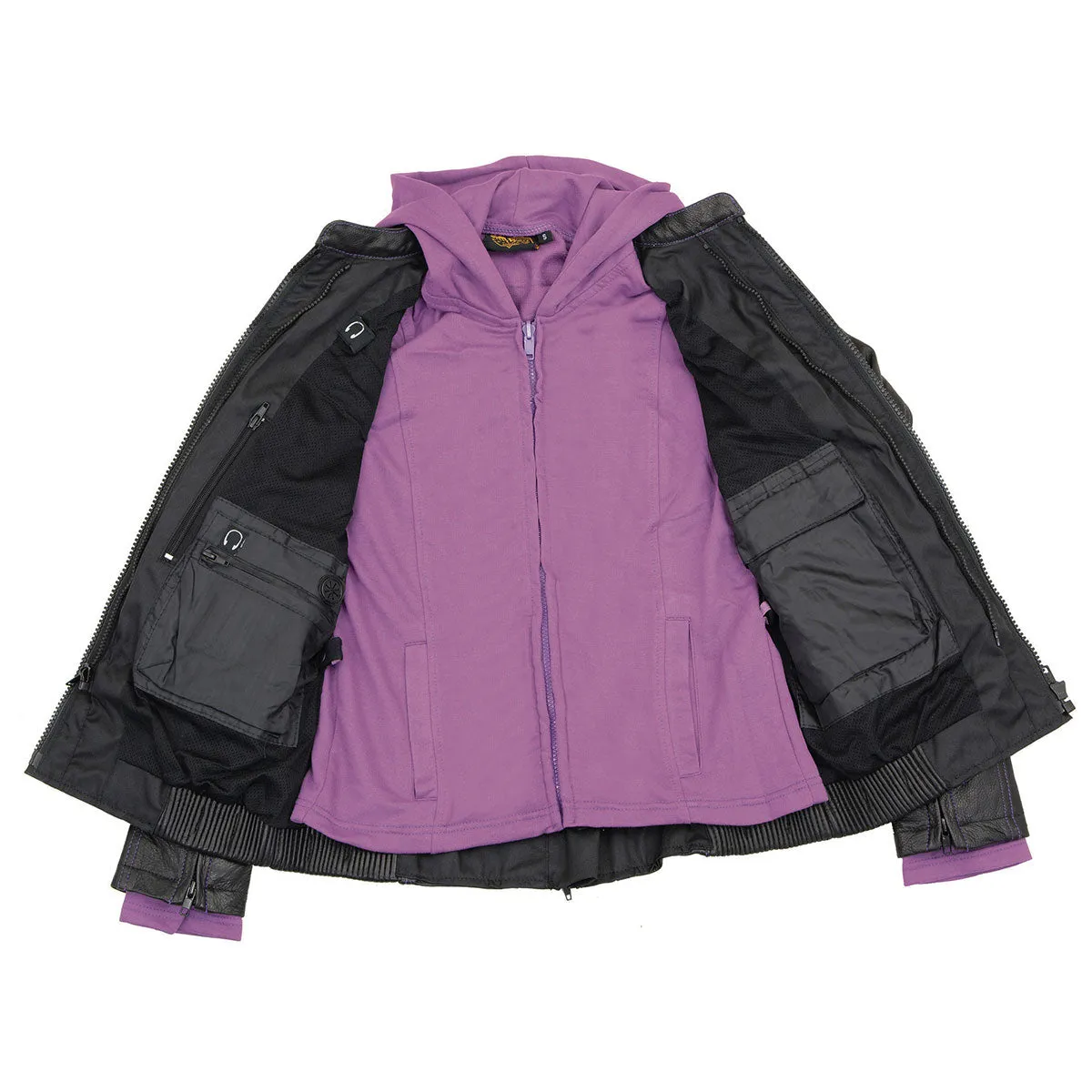Purple ML2067 Women's 3/4 Black and Purple Leather Hoodie Jacket with Reflective Tribal Design