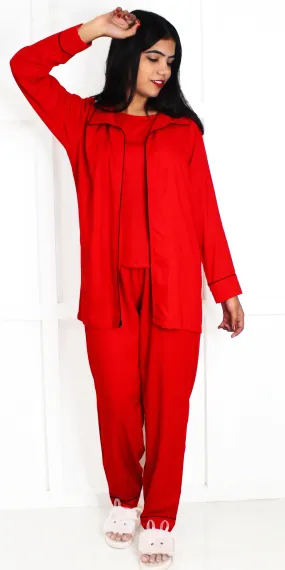 Red 3-Piece Rayon Nightdress Set with Jackets