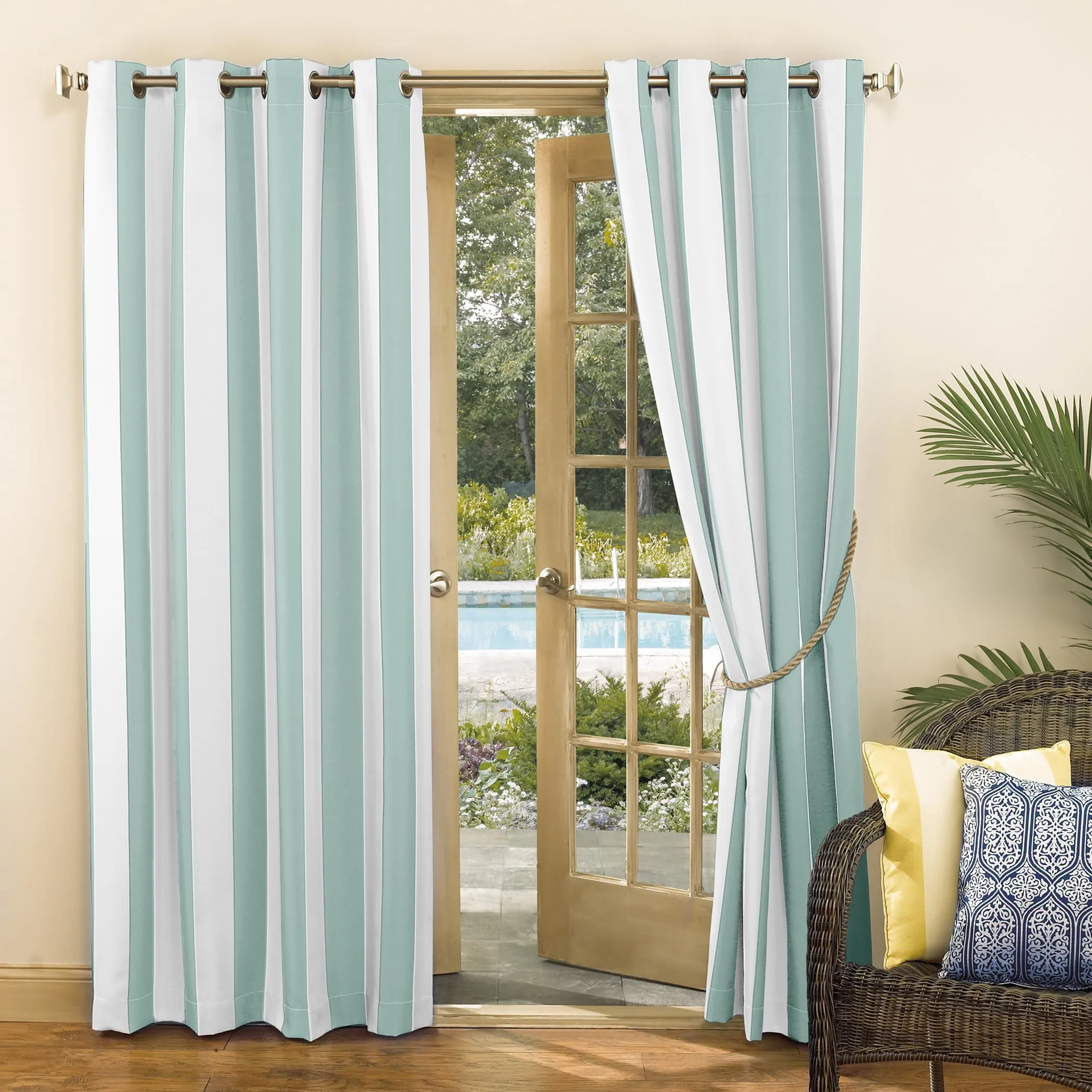 Sun Zero Valencia Cabana Stripe Indoor/Outdoor UV Protectant Room Darkening Grommet Curtain Panel, 54"x95", Soft Teal