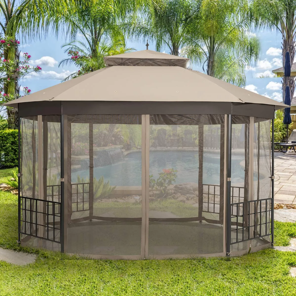Tangkula 10 x 12 Ft Patio Gazebo, Heavy Duty Octagonal Gazebo Canopy w/Netting Sidewalls & Sturdy Steel Frame