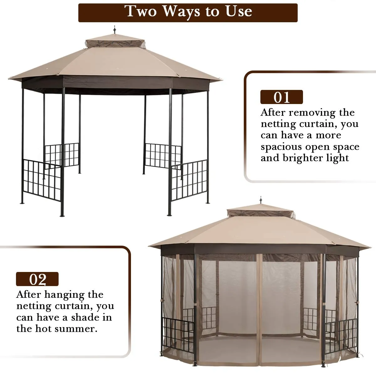 Tangkula 10 x 12 Ft Patio Gazebo, Heavy Duty Octagonal Gazebo Canopy w/Netting Sidewalls & Sturdy Steel Frame