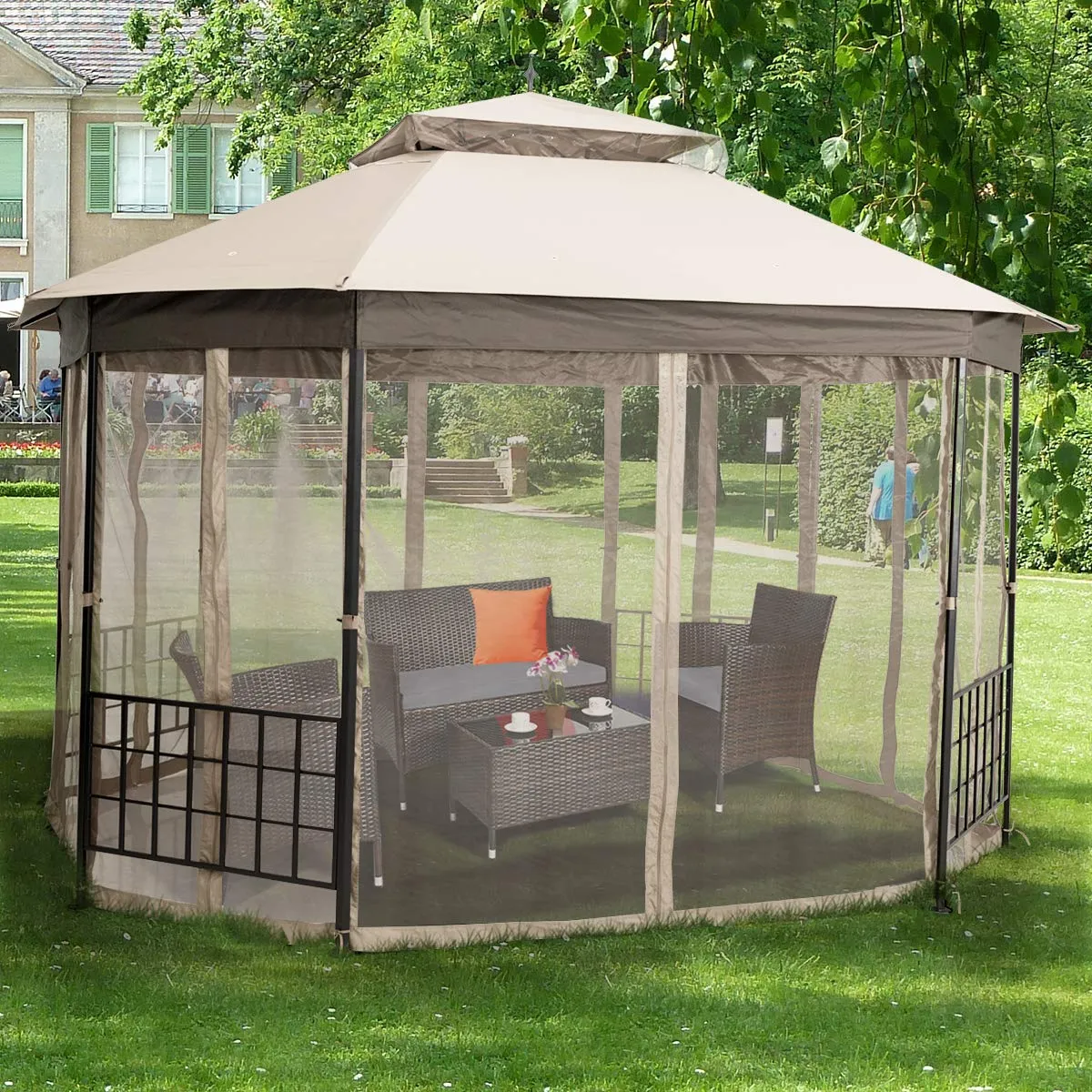 Tangkula 10 x 12 Ft Patio Gazebo, Heavy Duty Octagonal Gazebo Canopy w/Netting Sidewalls & Sturdy Steel Frame