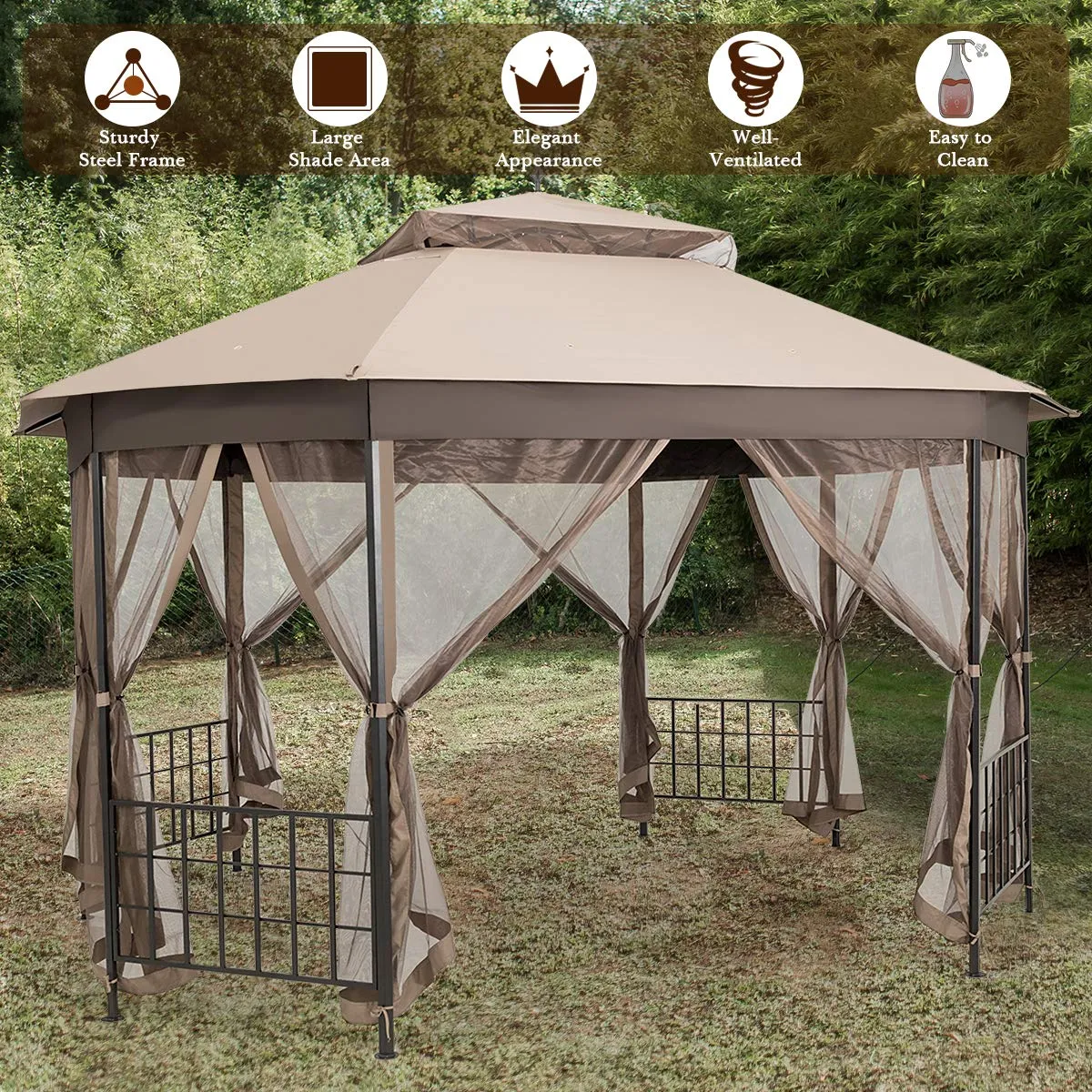 Tangkula 10 x 12 Ft Patio Gazebo, Heavy Duty Octagonal Gazebo Canopy w/Netting Sidewalls & Sturdy Steel Frame