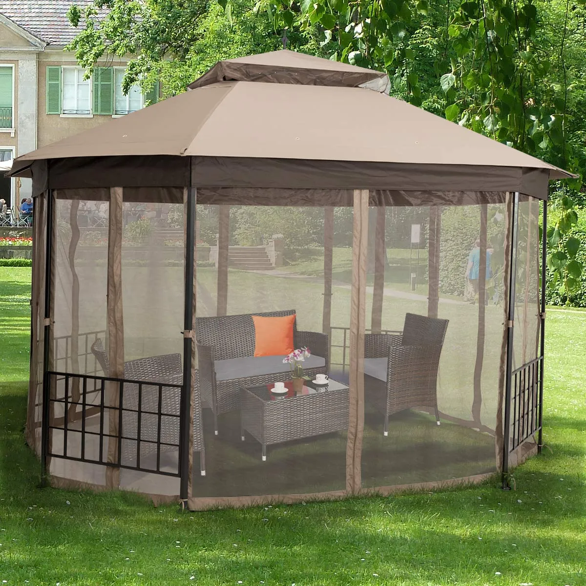 Tangkula 10 x 12 Ft Patio Gazebo, Heavy Duty Octagonal Gazebo Canopy w/Netting Sidewalls & Sturdy Steel Frame