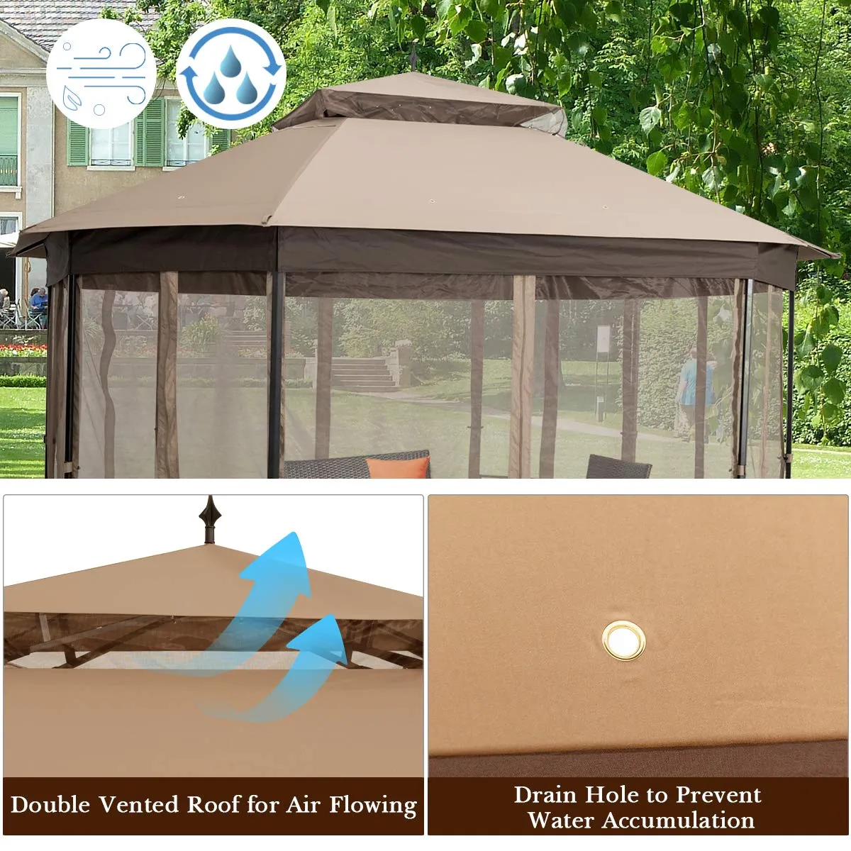 Tangkula 10 x 12 Ft Patio Gazebo, Heavy Duty Octagonal Gazebo Canopy w/Netting Sidewalls & Sturdy Steel Frame