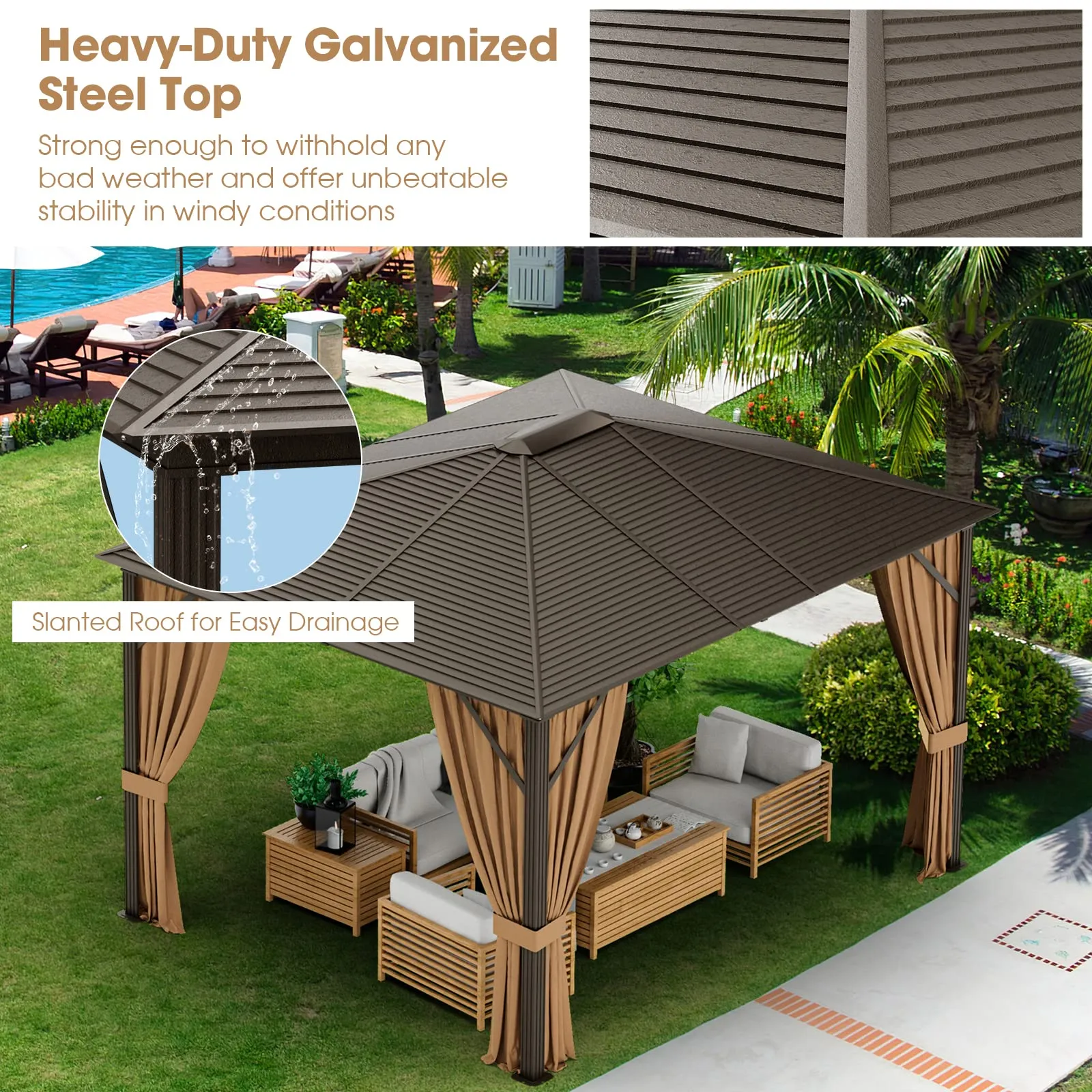 Tangkula 12x10 Ft Hardtop Gazebo, Double-Top Outdoor Gazebo with Galvanized Steel Top
