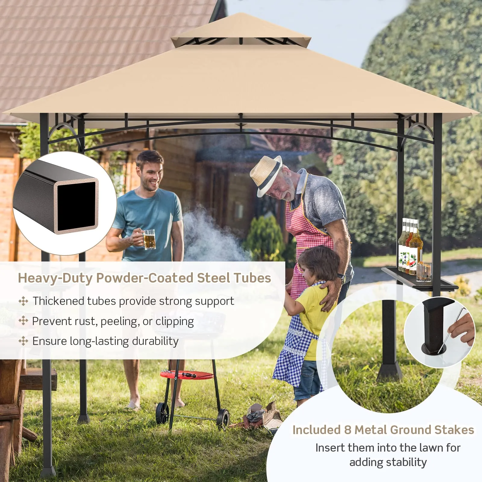 Tangkula 8x5 Ft Grill Gazebo, Double Tiered Outdoor BBQ Gazebo with 2 Side Shelves, 5 Hooks
