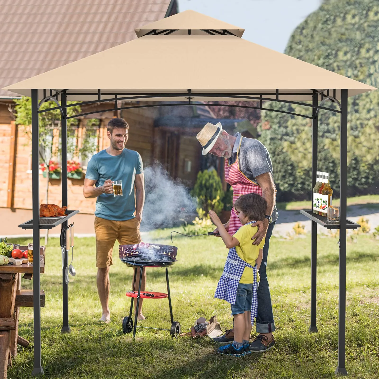 Tangkula 8x5 Ft Grill Gazebo, Double Tiered Outdoor BBQ Gazebo with 2 Side Shelves, 5 Hooks