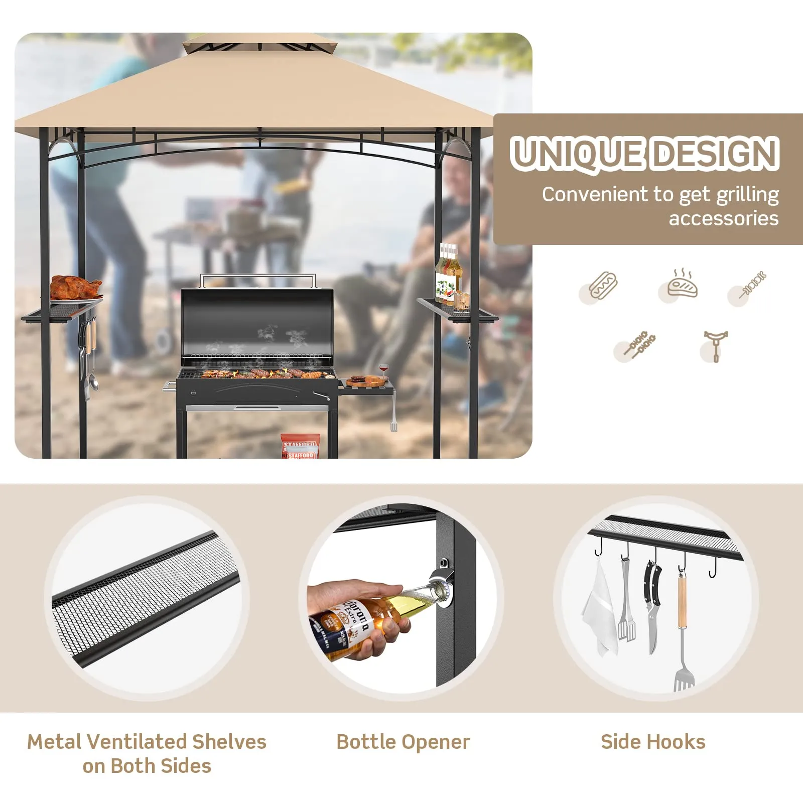 Tangkula 8x5 Ft Grill Gazebo, Double Tiered Outdoor BBQ Gazebo with 2 Side Shelves, 5 Hooks