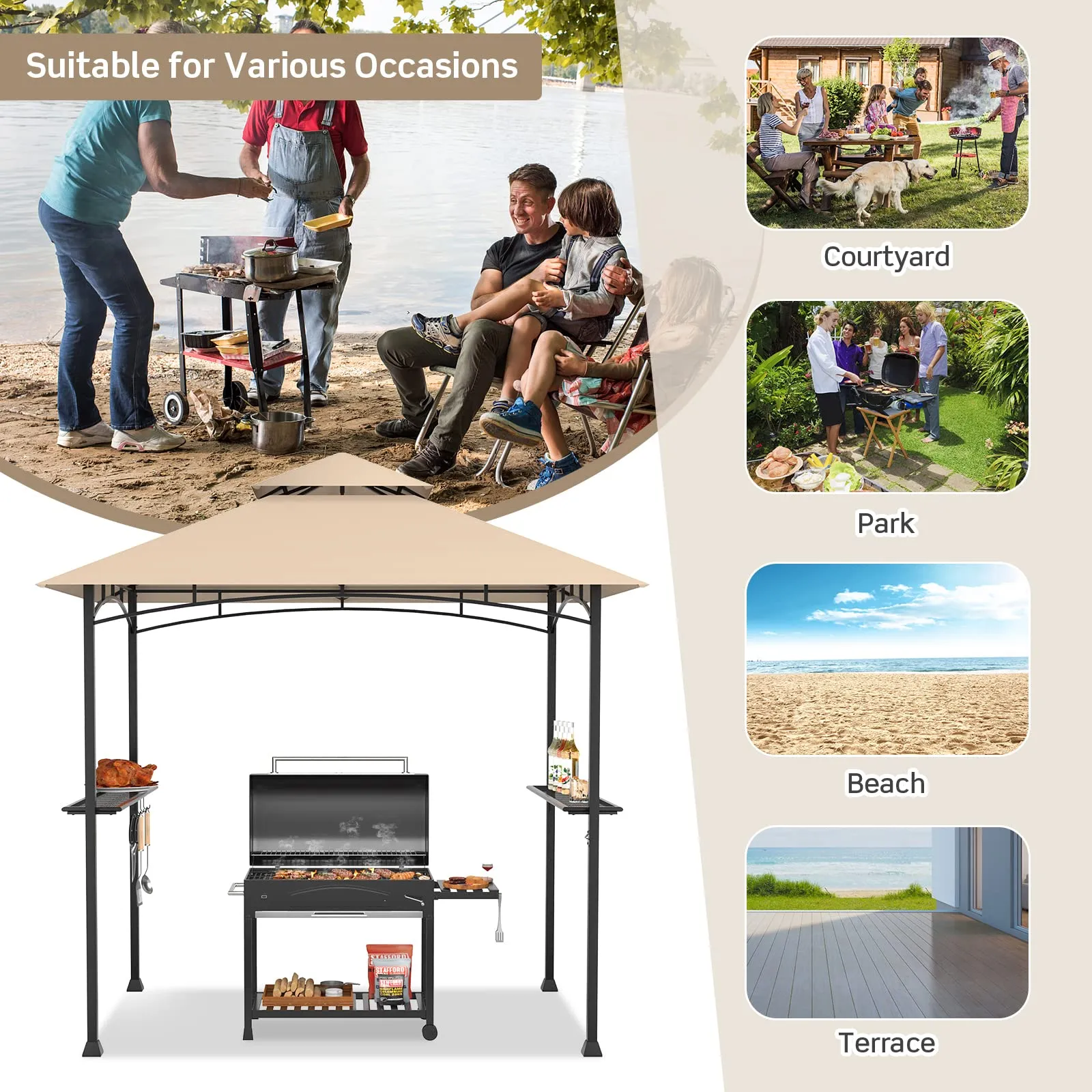 Tangkula 8x5 Ft Grill Gazebo, Double Tiered Outdoor BBQ Gazebo with 2 Side Shelves, 5 Hooks