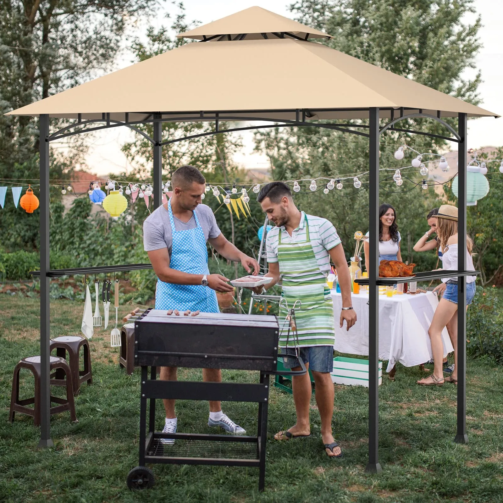 Tangkula 8x5 Ft Grill Gazebo, Double Tiered Outdoor BBQ Gazebo with 2 Side Shelves, 5 Hooks