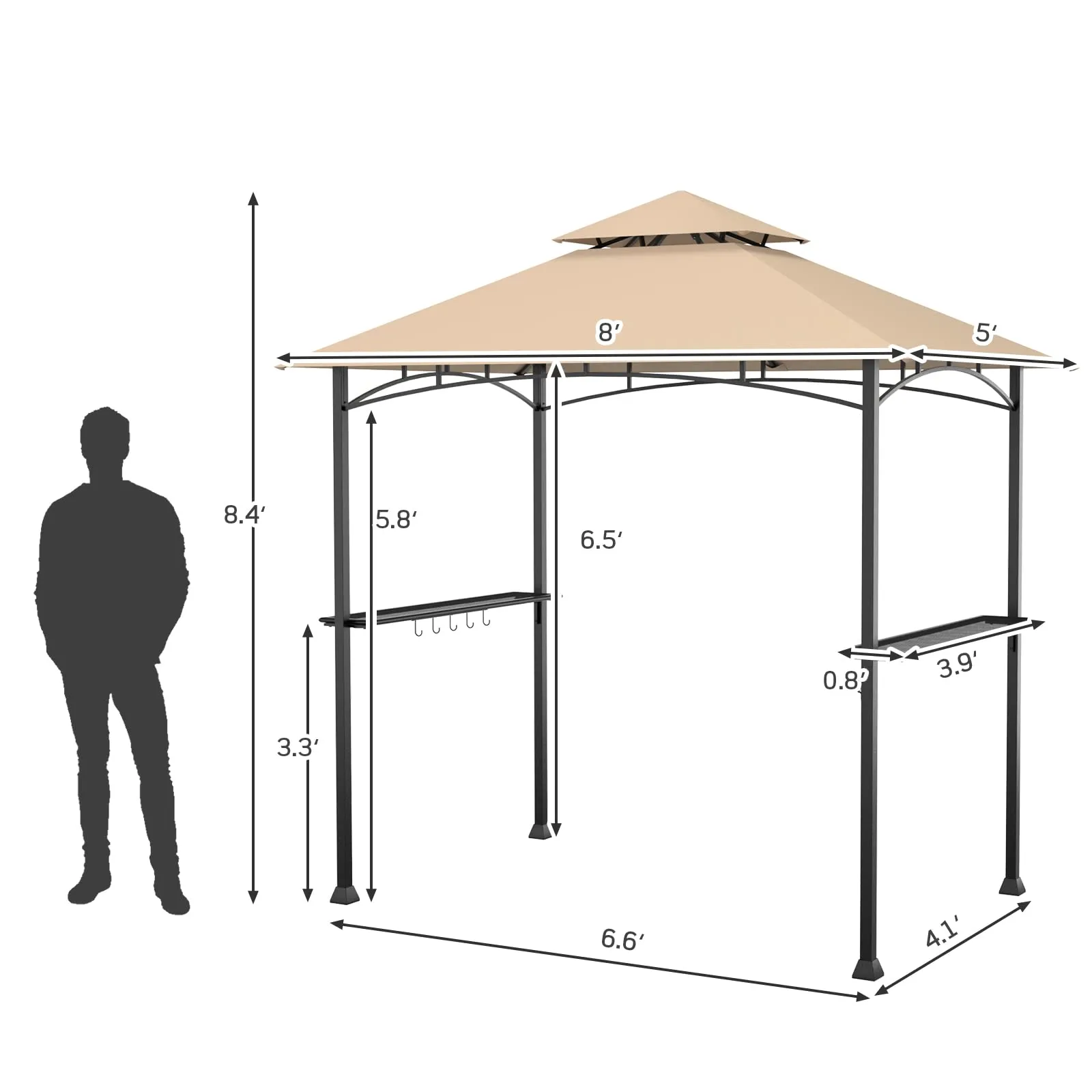 Tangkula 8x5 Ft Grill Gazebo, Double Tiered Outdoor BBQ Gazebo with 2 Side Shelves, 5 Hooks
