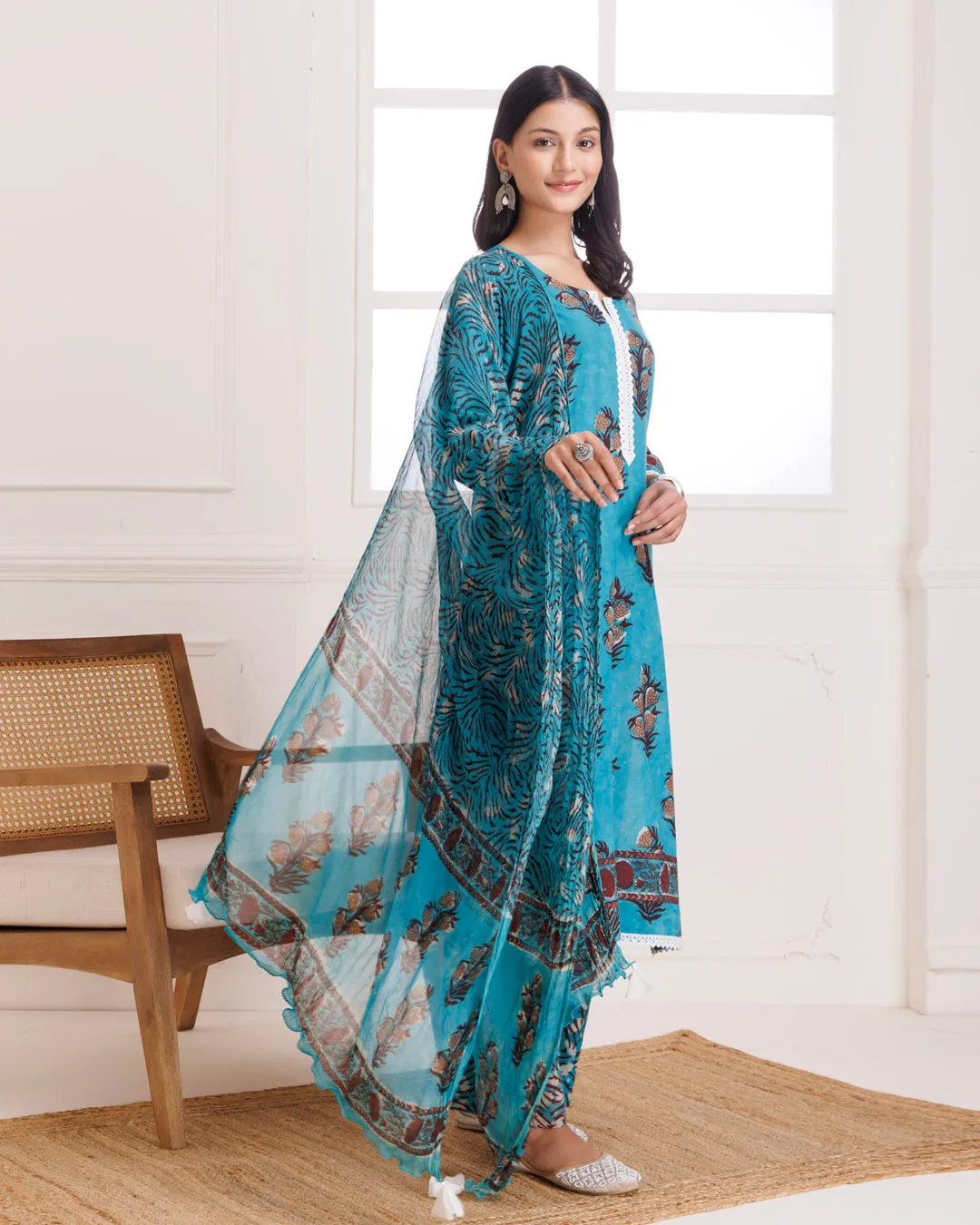 Turquoise Hand Block Printed Cotton Suit Set