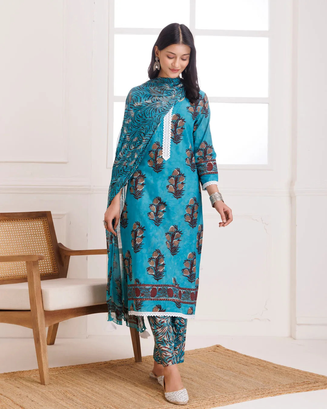 Turquoise Hand Block Printed Cotton Suit Set