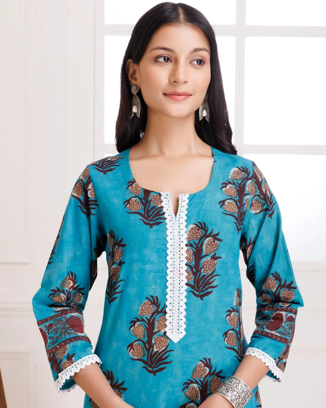Turquoise Hand Block Printed Cotton Suit Set