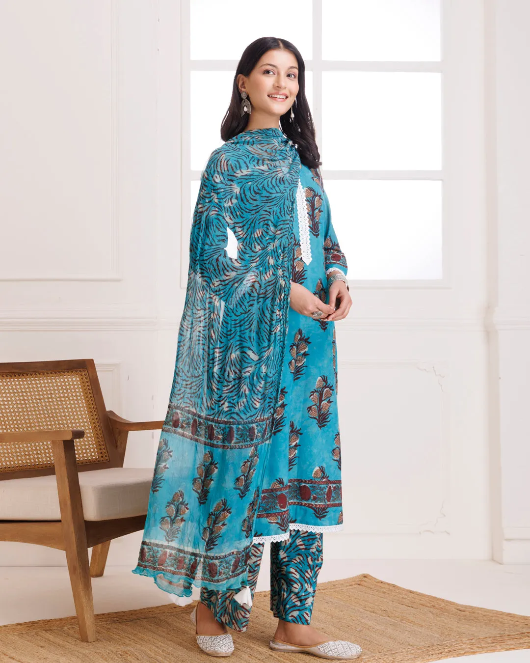 Turquoise Hand Block Printed Cotton Suit Set