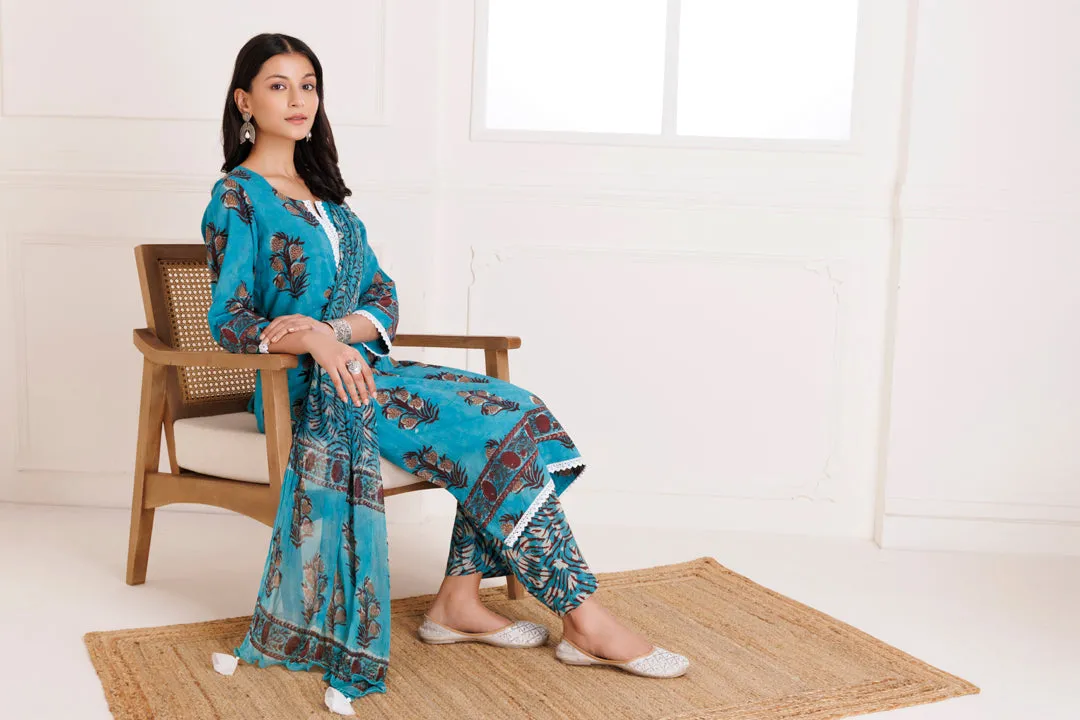 Turquoise Hand Block Printed Cotton Suit Set
